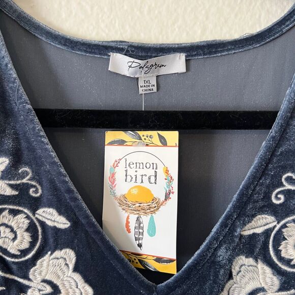 Polagram Blue Velvet Embroidered Maxi Dress 1X Fairy Boho Whimsy - Picture 5 of 6